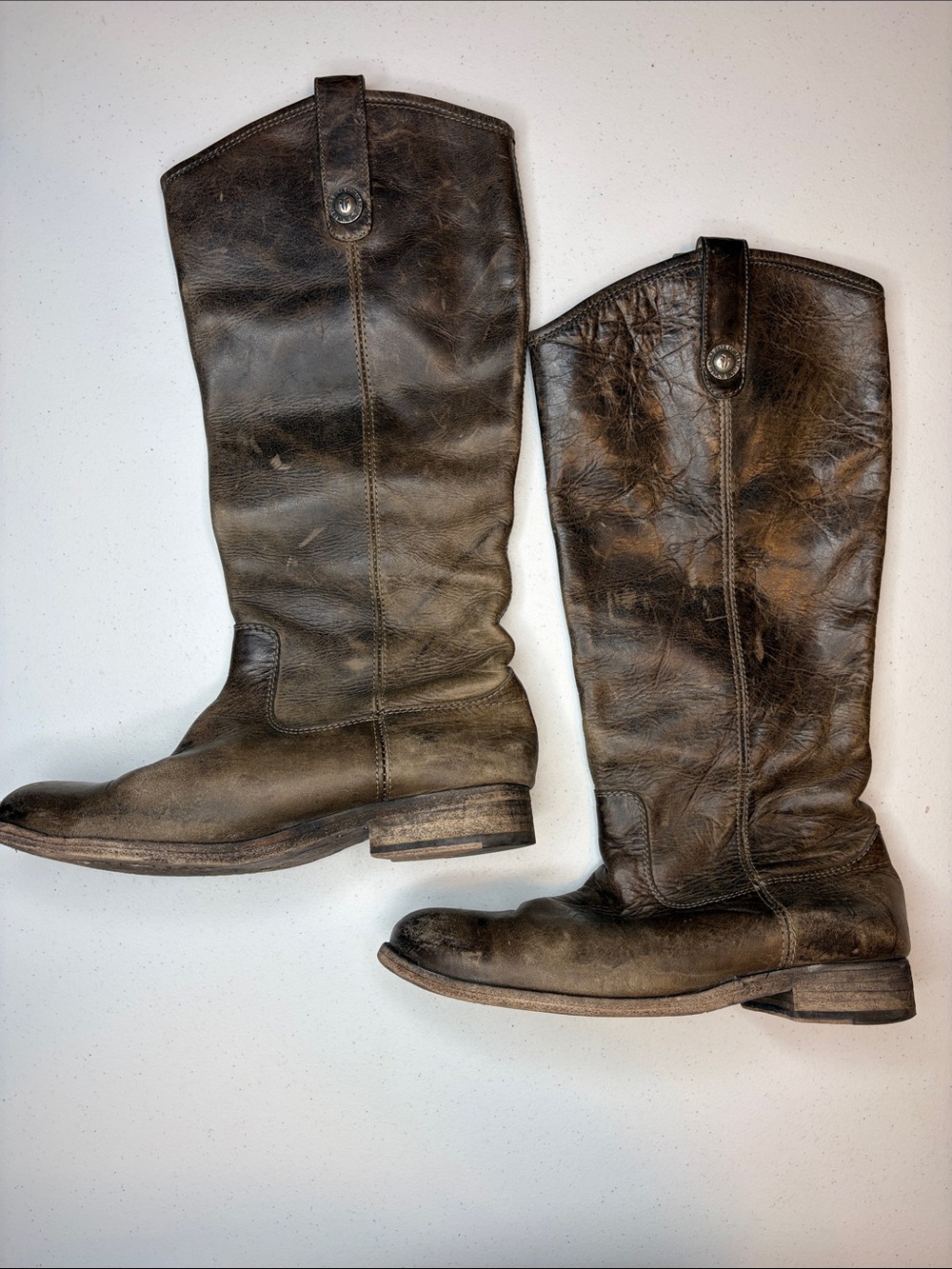 FRYE Melissa Button Tall Riding Boots in Distressed "Slate" Leather 7.5B